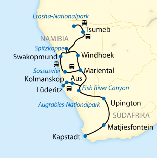 Reiseverlauf von Namibia nach Kapstadt
