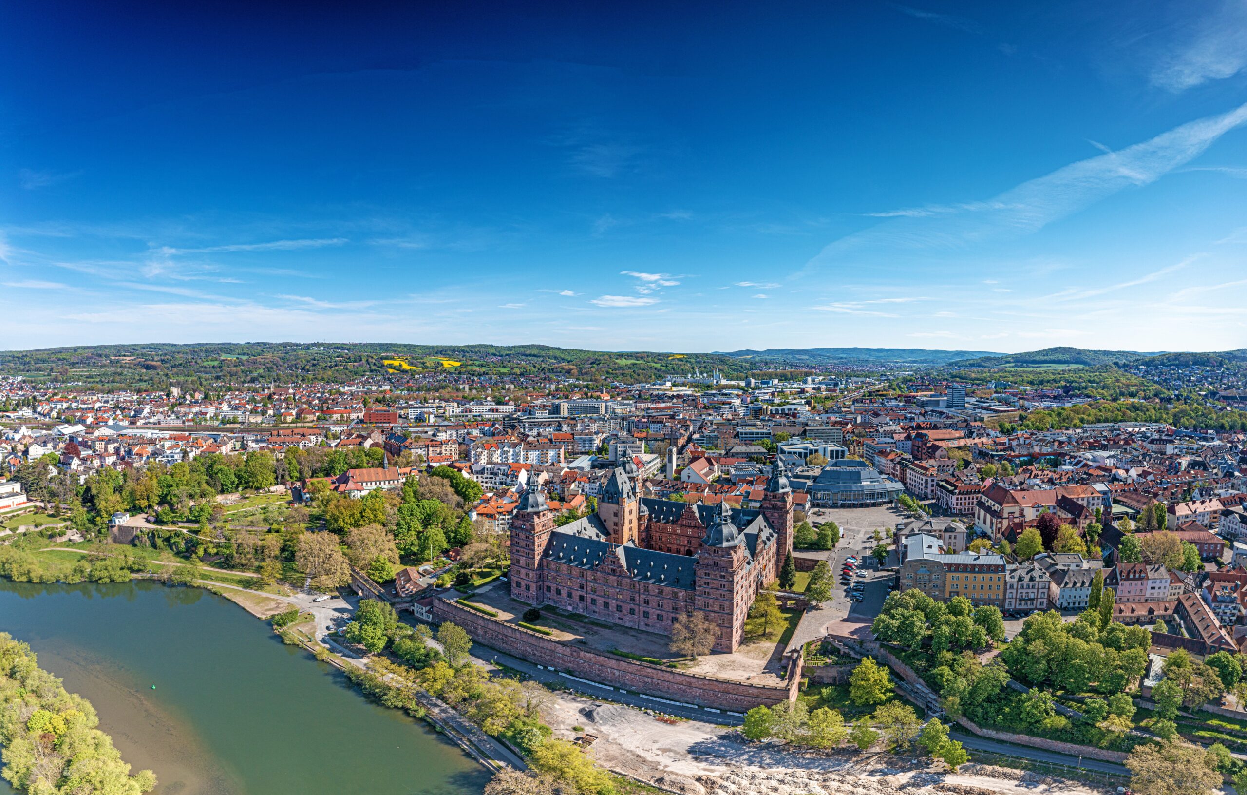 Panoramic aerial view over German city Aschaffenburg on the river Main